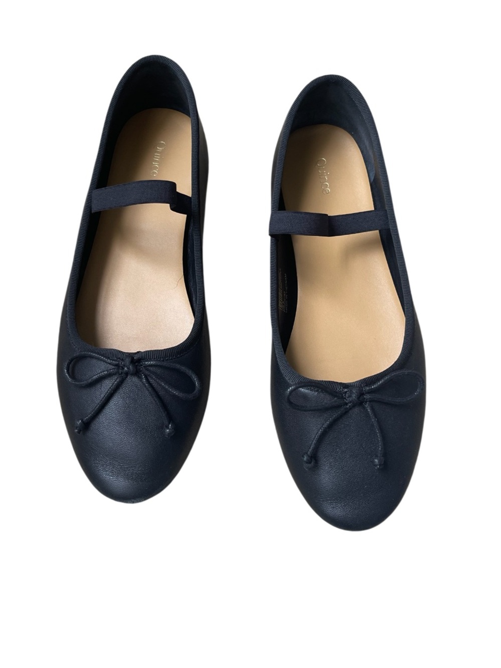Black Leather Ballet Flats with Bow and Elastic Strap